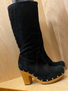 UGG Rumer Black Suede Tall Wood Heeled Studded Woven Back Boots -Size 9 EXC Cond